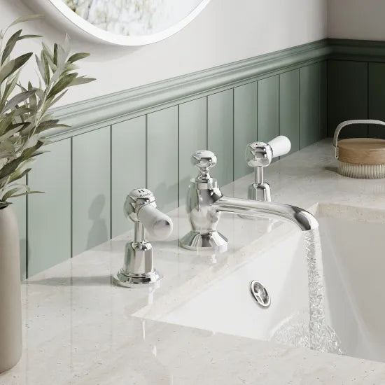 Old London Topaz Chrome/White 3 Tap Hole Basin Mixer With Dome Collar and Lever Handle and Waste