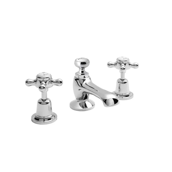 Old London Topaz Chrome/White 3 tap Hole Basin Mixer With Dome Collar and Crosshead Handle and Waste