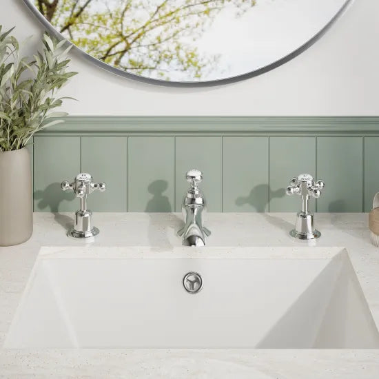 Old London Topaz Chrome/White 3 tap Hole Basin Mixer With Dome Collar and Crosshead Handle and Waste