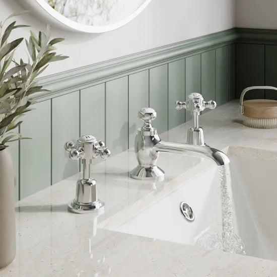 Old London Topaz Chrome/White 3 tap Hole Basin Mixer With Dome Collar and Crosshead Handle and Waste