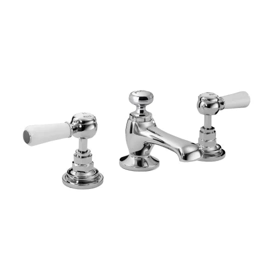 Old London Topaz Chrome/White 3 Tap Hole Basin Mixer With Hexagonal Collar and Lever Handle and Waste