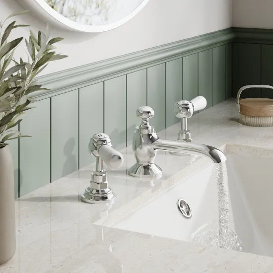 Old London Topaz Chrome/White 3 Tap Hole Basin Mixer With Hexagonal Collar and Lever Handle and Waste