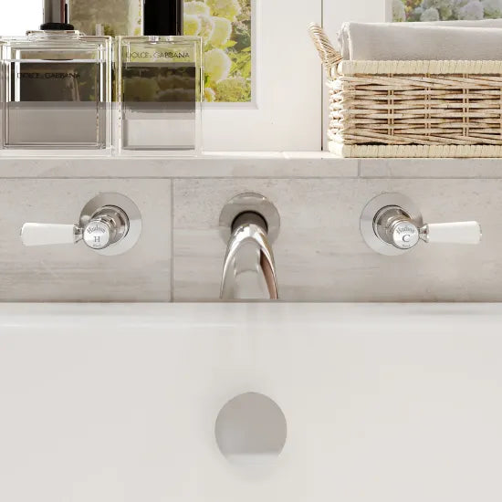 Old London Topaz Chrome/White Wall Mounted Bath Tap With Dome Collar and Lever Handle