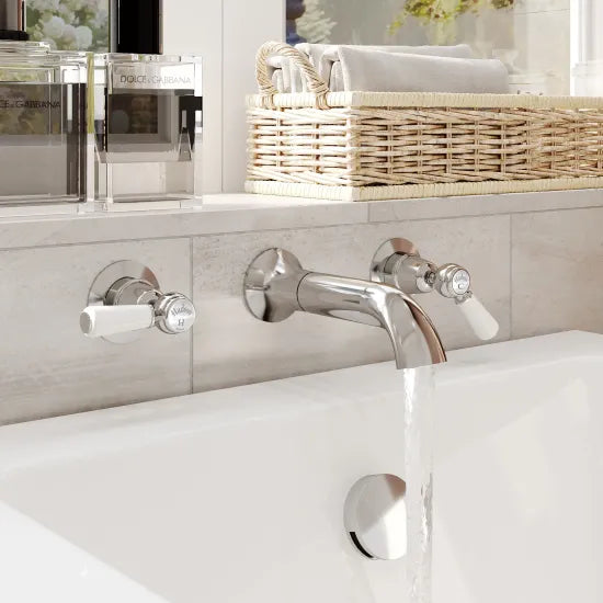 Old London Topaz Chrome/White Wall Mounted Bath Tap With Dome Collar and Lever Handle