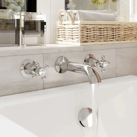 Old London Topaz Chrome/White Wall Mounted Bath Tap With Dome Collar and Crosshead Handle