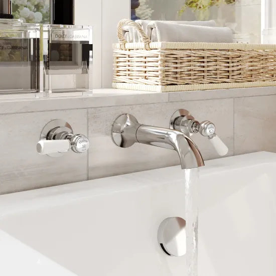 Old London Topaz Chrome/White Wall Mounted Bath Tap With Hexagonal Collar and Lever Handle