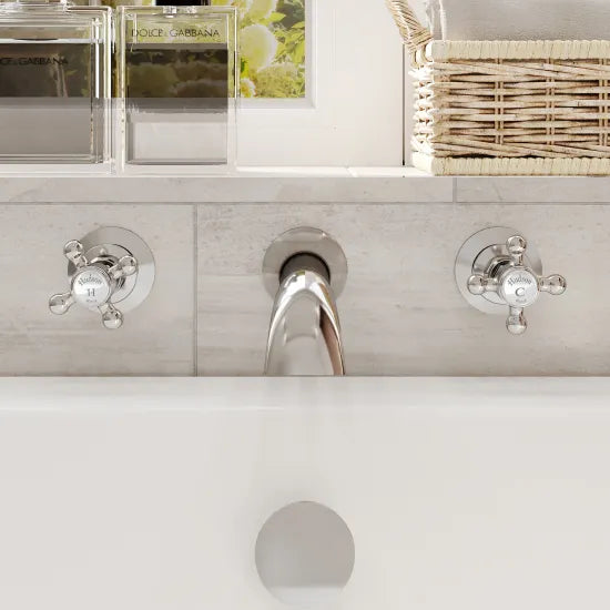 Old London Topaz Chrome/White Wall Mounted Bath Tap With Hexagonal Collar and Crosshead Handle