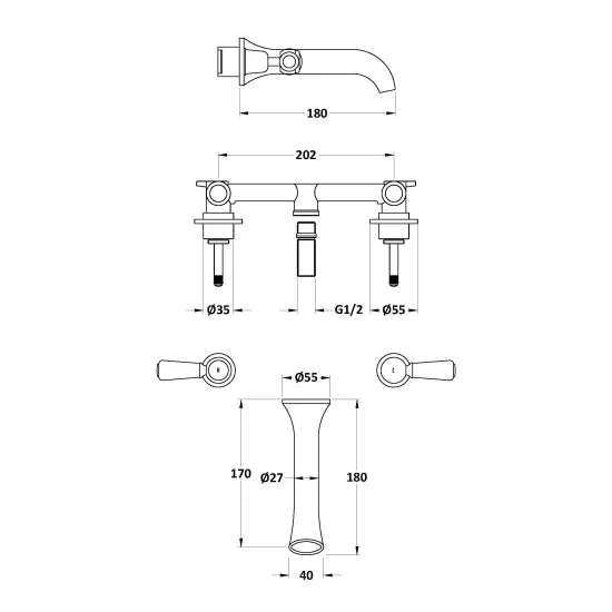Old London Topaz Chrome/White 3 Tap Hole Wall Mounted Basin Mixer With Dome Collar and Lever Handle