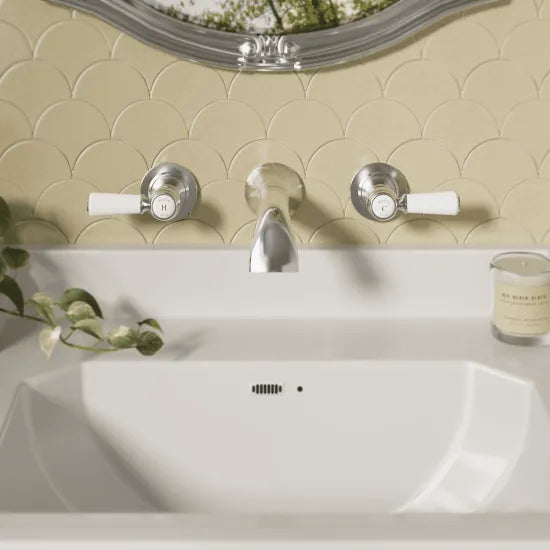 Old London Topaz Chrome/White 3 Tap Hole Wall Mounted Basin Mixer With Dome Collar and Lever Handle