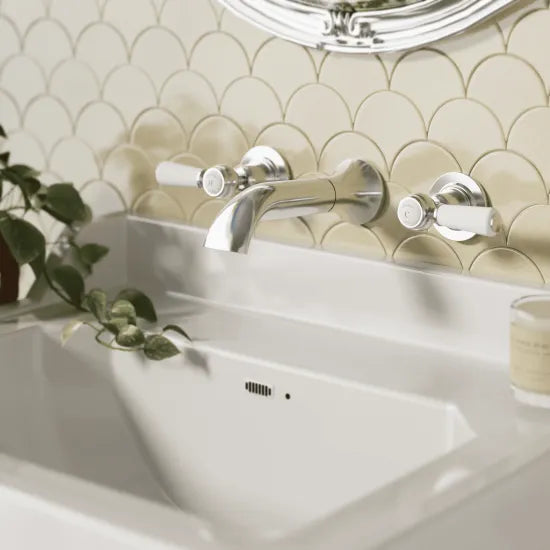 Old London Topaz Chrome/White 3 Tap Hole Wall Mounted Basin Mixer With Dome Collar and Lever Handle