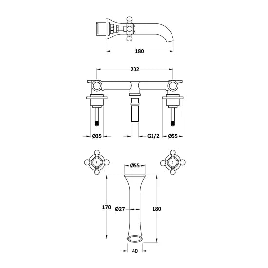 Old London Topaz Chrome/White 3 Tap Hole Wall Mounted Basin Mixer With Hexagonal Collar and Crosshead Handle