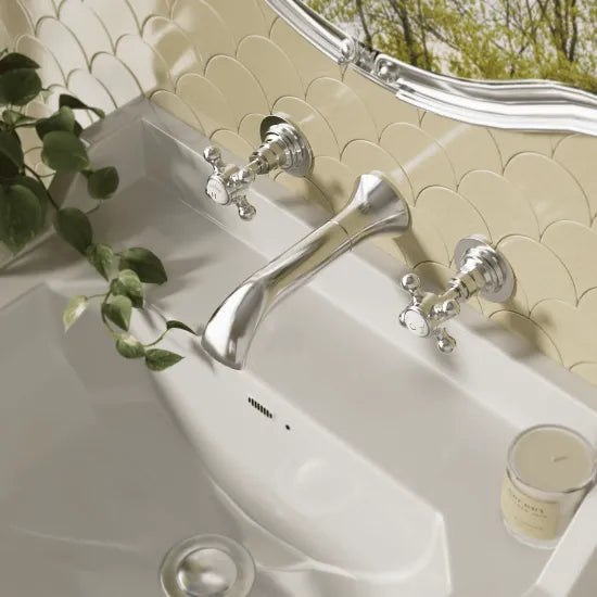 Old London Topaz Chrome/White 3 Tap Hole Wall Mounted Basin Mixer With Hexagonal Collar and Crosshead Handle