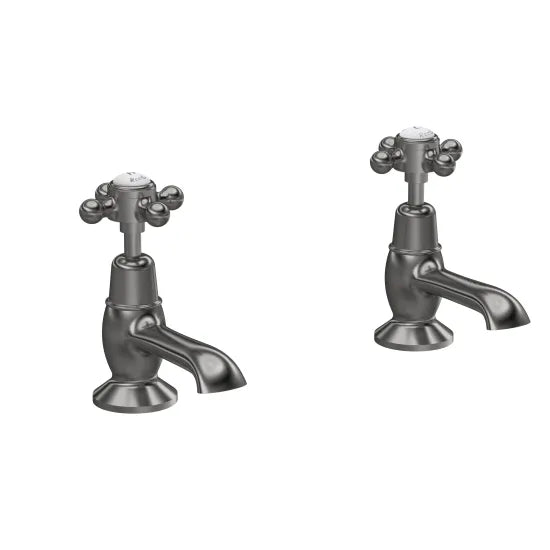 Old London Topaz Brushed Pewter/White Basin Taps With Dome Collar and Crosshead Handle