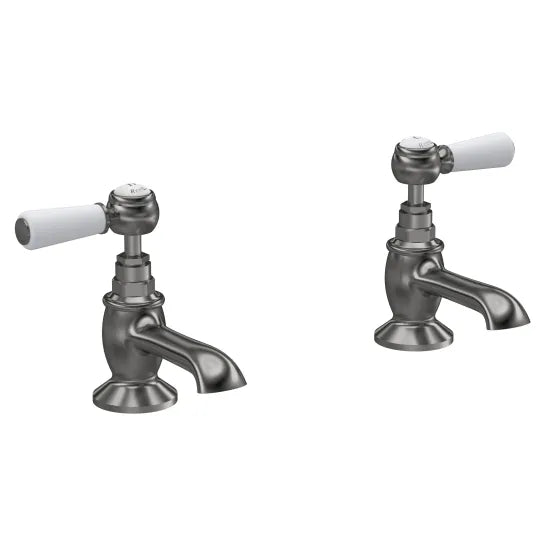 Old London Topaz Brushed Pewter/White Basin Taps With Hexagonal Collar and Lever Handle