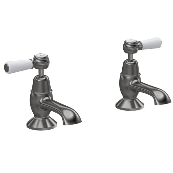 Old London Topaz Brushed Pewter/White Deck Mounted Bath Taps With Dome Collar and Lever Handle