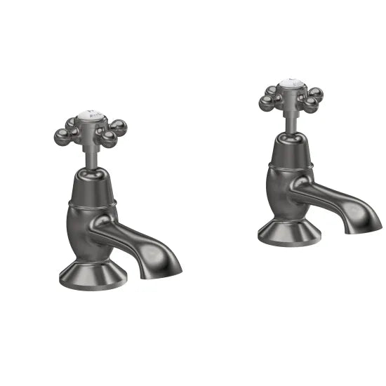 Old London Topaz Brushed Pewter/White Deck Mounted Bath Taps With Dome Collar and Crosshead Handle