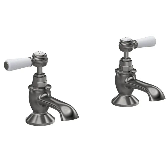 Old London Topaz Brushed Pewter/White Deck Mounted Bath Taps With Hexagonal Collar and Lever Handle