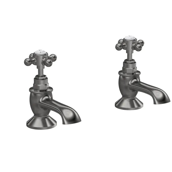 Old London Topaz Brushed Pewter/White Deck Mounted Bath Taps With Hexagonal Collar and Crosshead Handle