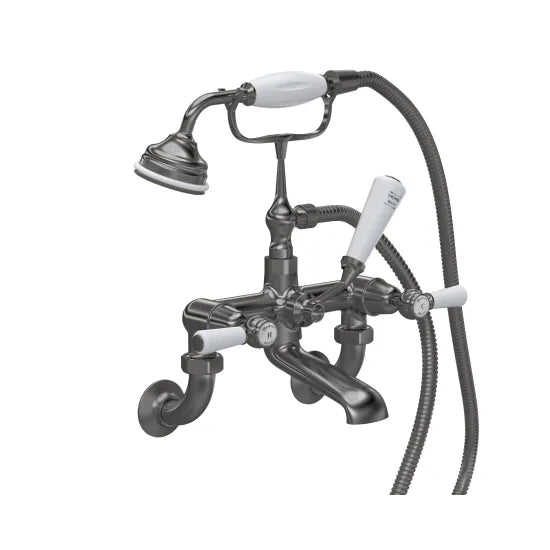 Old London Topaz Brushed Pewter/White Wall Mounted Bath Shower Mixer With Dome Collar and Lever Handle