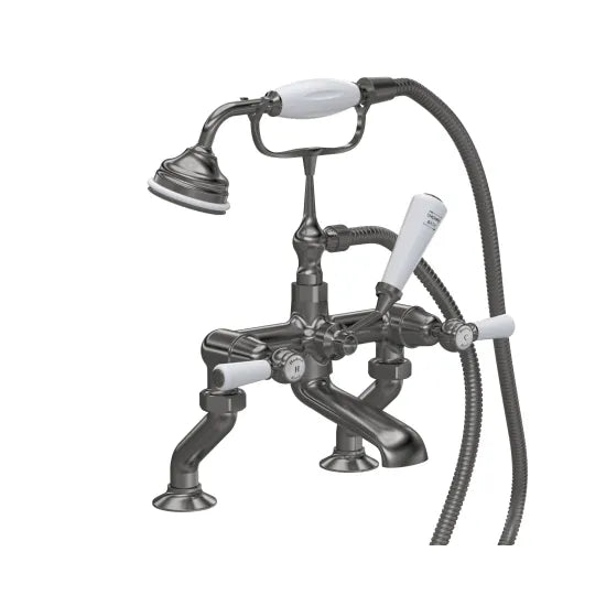 Old London Topaz Brushed Pewter/White Bath Shower Mixer With Dome Collar and Lever Handle