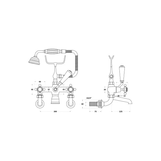 Old London Topaz Brushed Pewter/White Wall Mounted Bath Shower Mixer With Dome Collar and Crosshead Handle