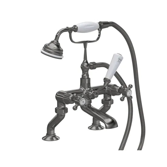 Old London Topaz Brushed Pewter/White Bath Shower Mixer With Dome Collar and Crosshead Handle