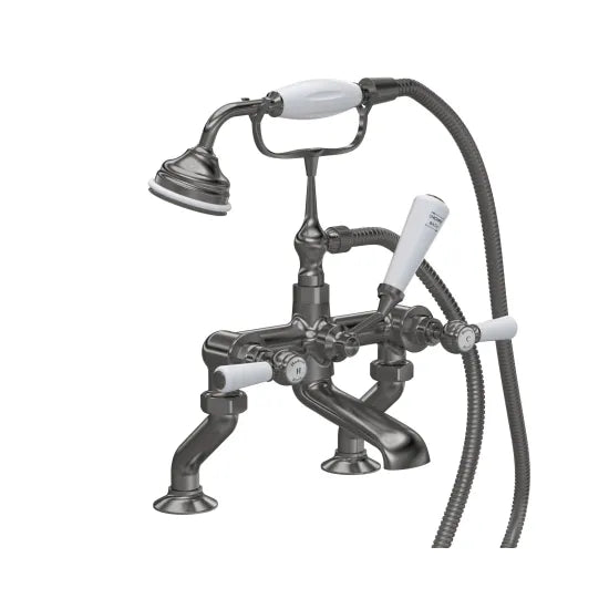 Old London Topaz Brushed Pewter/White Bath Shower Mixer With Hexagonal Collar and Lever Handle