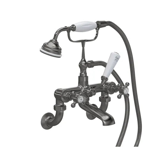 Old London Topaz Brushed Pewter/White Wall Mounted Bath Shower Mixer With Hexagonal Collar and Crosshead Handle