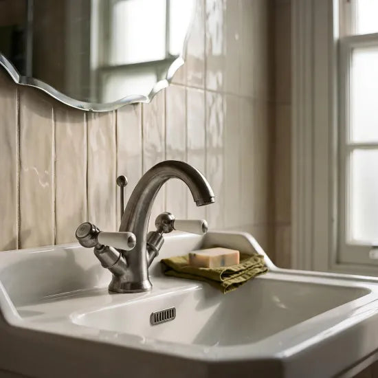 Old London Topaz Brushed Pewter/White Mono Basin Mixer With Dome Collar and Lever Handle and Waste