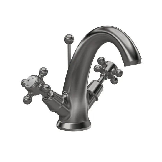 Old London Topaz Brushed Pewter/White Mono Basin Mixer With Dome Collar and Crosshead Handle and Waste