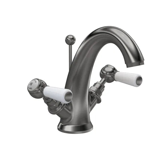 Old London Topaz Brushed Pewter/White Mono Basin Mixer With Hexagonal Collar and Lever Handle and Waste