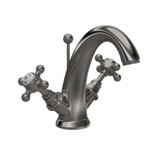 Old London Topaz Brushed Pewter/White Mono Basin Mixer With Hexagonal Collar and Crosshead Handle and Waste