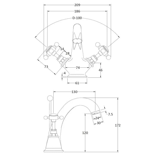 Old London Topaz Brushed Pewter/White Mono Basin Mixer With Hexagonal Collar and Crosshead Handle and Waste