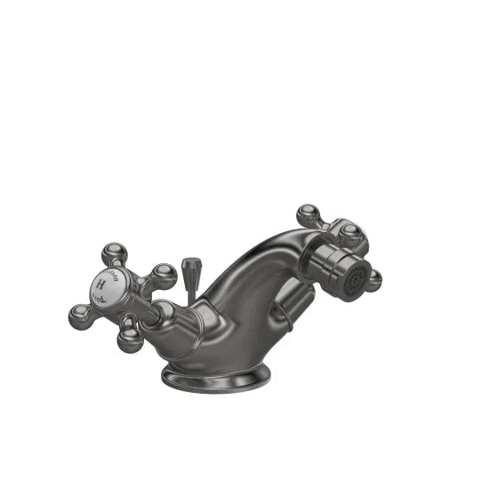 Old London Topaz Brushed Pewter Bidet Mixer With Dome Collar and Crosshead Handle and Pop Up Waste
