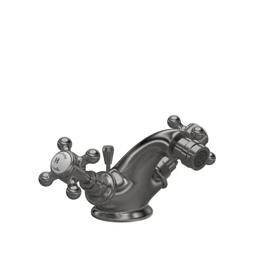 Old London Topaz Brushed Pewter Bidet Mixer With Hexagonal Collar and Crosshead Handle and Pop Up Waste