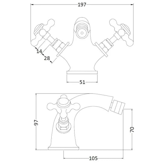 Old London Topaz Brushed Pewter Bidet Mixer With Hexagonal Collar and Crosshead Handle and Pop Up Waste