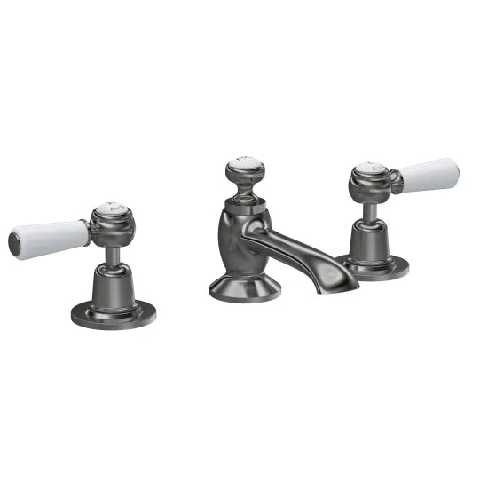 Old London Topaz Brushed Pewter/White 3 Tap Hole Basin Mixer With Dome Collar and Lever Handle and Waste