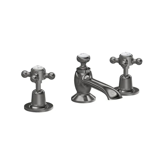 Old London Topaz Brushed Pewter/White 3 Tap Hole Basin Mixer With Dome Collar and Crosshead Handle and Waste