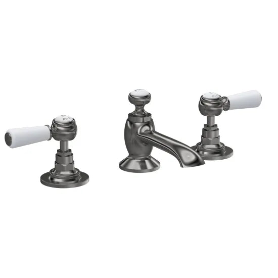 Old London Topaz Brushed Pewter/White 3 Tap Hole Basin Mixer With Hexagonal Collar and Lever Handle and Waste