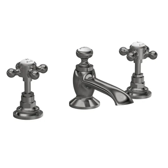 Old London Topaz Brushed Pewter/White 3 Tap Hole Basin Mixer With Hexagonal Collar and Crosshead Handle and Waste