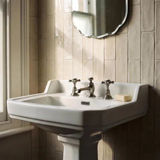 Old London Topaz Brushed Pewter/White 3 Tap Hole Basin Mixer With Hexagonal Collar and Crosshead Handle and Waste