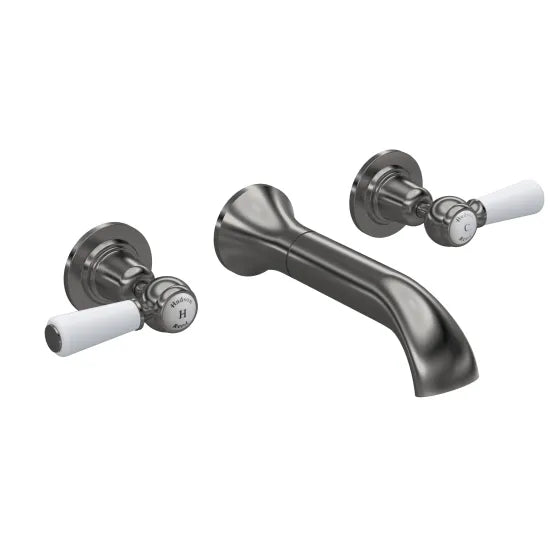 Old London Topaz Brushed Pewter 3 Tap Hole Wall Mounted Basin Mixer With Dome Collar and Lever Handle