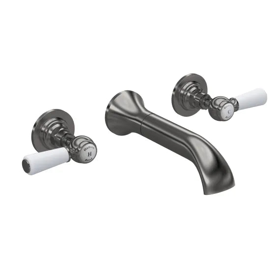 Old London Topaz Brushed Pewter 3 Tap Hole Wall Mounted Basin Mixer With Hexagonal Collar and Lever Handle