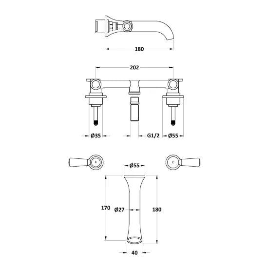 Old London Topaz Brushed Pewter 3 Tap Hole Wall Mounted Basin Mixer With Hexagonal Collar and Lever Handle