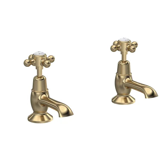 Old London Topaz Brushed Brass/White Basin Taps With Dome Collar and Crosshead Handle