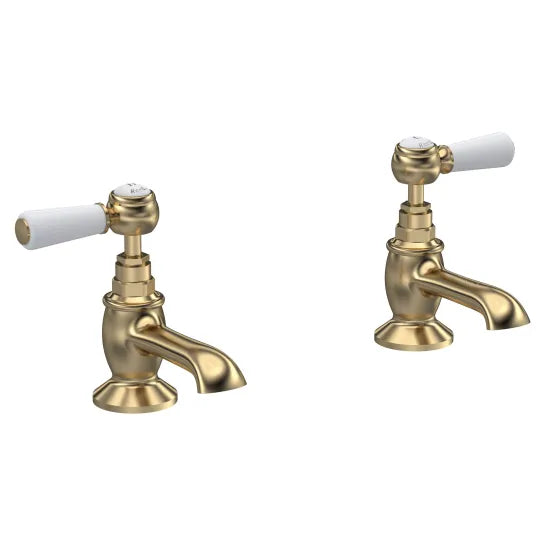 Old London Topaz Brushed Brass/White Basin Taps With Hexagonal Collar and Lever Handle