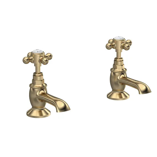 Old London Topaz Brushed Brass/White Basin Taps With Hexagonal Collar and Crosshead Handle