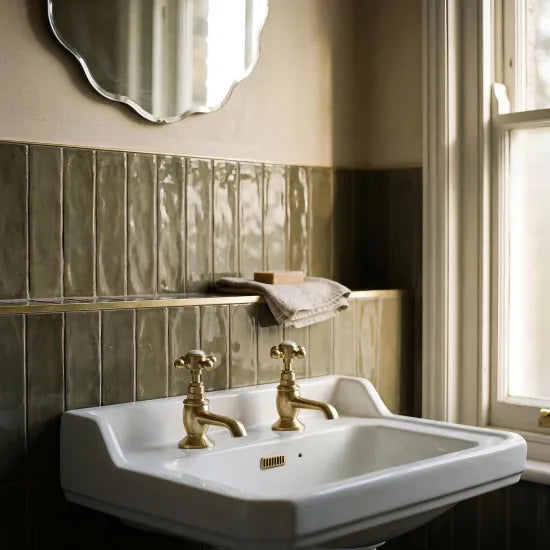 Old London Topaz Brushed Brass/White Basin Taps With Hexagonal Collar and Crosshead Handle
