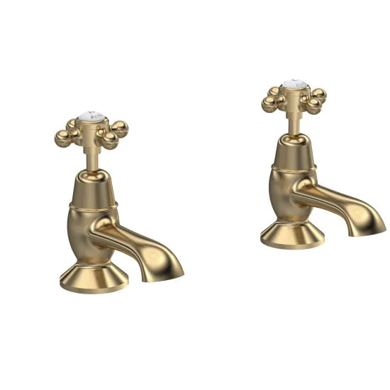 Old London Topaz Brushed Brass/White Deck Mounted Bath Taps With Dome Collar and Crosshead Handle