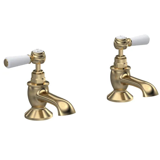 Old London Topaz Brushed Brass/White Bath Taps With Hexagonal Collar and Lever Handle